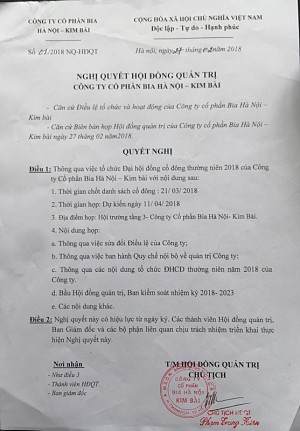 Nghị quyết Hội đồng quản trị Công ty CP Bia Hà Nội - Kim Bài