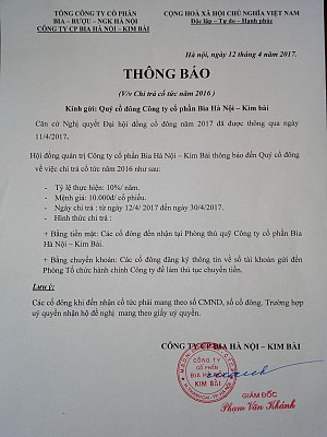 Thông báo về việc chi trả cổ tức năm 2016